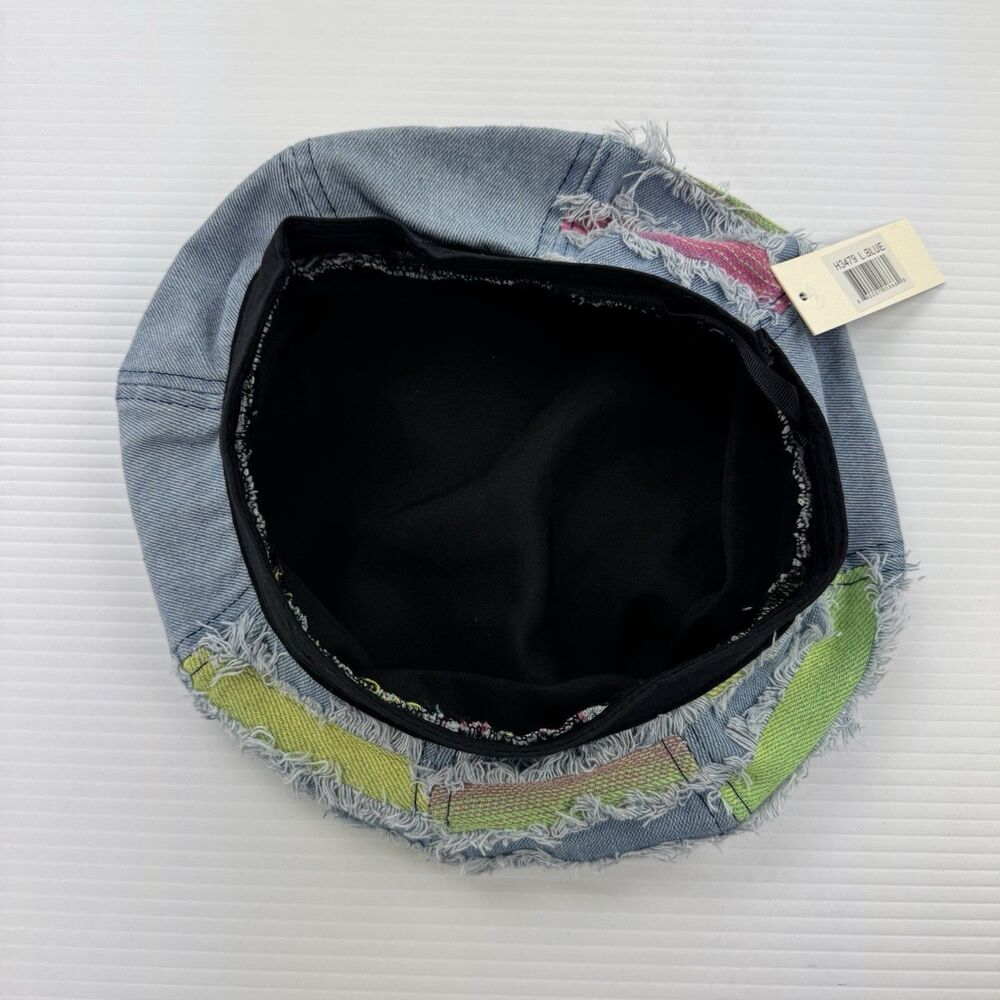 Patchwork Denim Beret Hat Womens Blue Frayed Distressed Adjustable Newsboy Cap - Picture 5 of 9